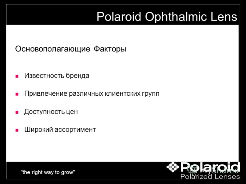 the right way to grow Основополагающие Факторы Известность бренда Привлечение различных клиентских групп Доступность цен Широкий ассортимент Polaroid Ophthalmic Lens