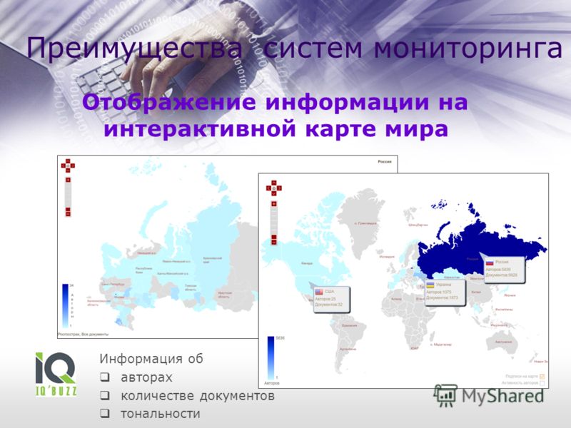 Отображение информации на интерактивной карте мира Информация об авторах количестве документов тональности Преимущества систем мониторинга