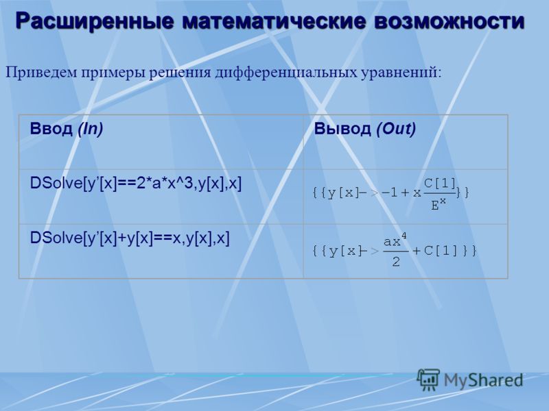 Расширенные математические возможности Приведем примеры решения дифференциальных уравнений: Ввод (In)Вывод (Out) DSolve[y[x]==2*a*x^3,y[x],x] DSolve[y[x]+y[x]==x,y[x],x]