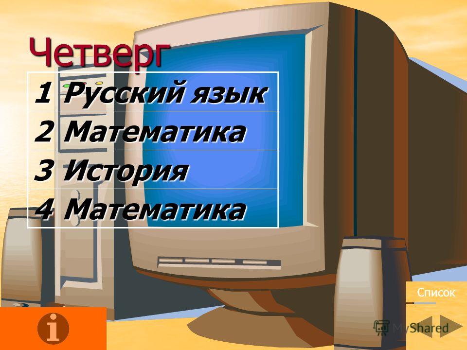 Четверг1 Русский язык 2Математика 3История 4Математика Список