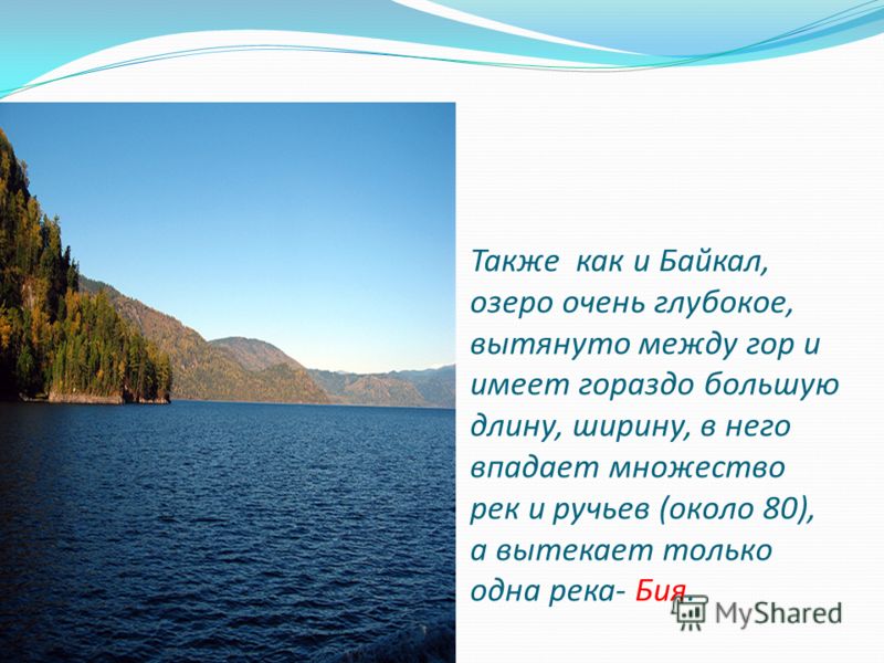 Также как и Байкал, озеро очень глубокое, вытянуто между гор и имеет гораздо большую длину, ширину, в него впадает множество рек и ручьев (около 80), а вытекает только одна река- Бия.