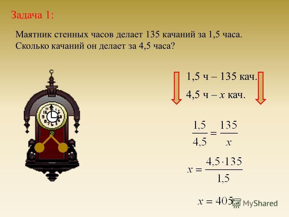 Задача 1: Маятник стенных часов делает 135 качаний за 1,5 часа. Сколько качаний он делает за 4,5 часа ? 1,5 ч – 135 кач. 4,5 ч – х кач.