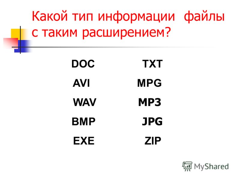 Какой тип информации файлы с таким расширением? DOC TXT AVI MPG WAV MP3 BMP JPG EXE ZIP