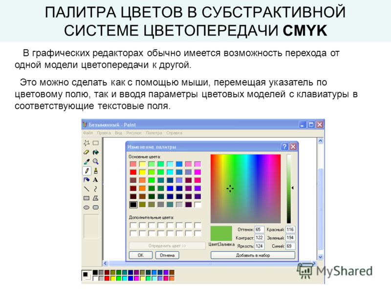 ПАЛИТРА ЦВЕТОВ В СУБСТРАКТИВНОЙ СИСТЕМЕ ЦВЕТОПЕРЕДАЧИ CMYK В графических редакторах обычно имеется возможность перехода от одной модели цветопередачи к другой. Это можно сделать как с помощью мыши, перемещая указатель по цветовому полю, так и вводя п