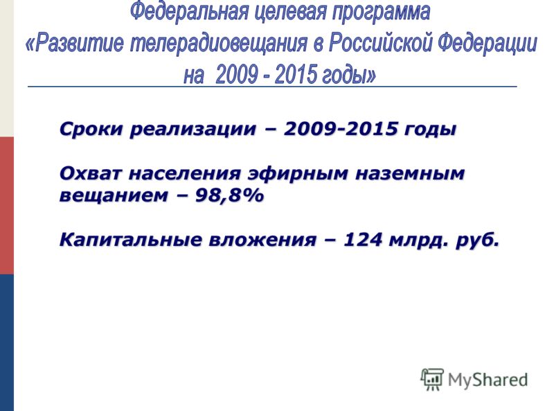 Сроки реализации – 2009-2015 годы Охват населения эфирным наземным вещанием – 98,8% Капитальные вложения – 124 млрд. руб.