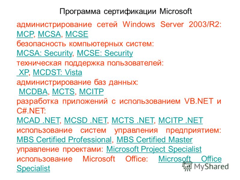 администрирование сетей Windows Server 2003/R2: MCP, MCSA, MCSE MCPMCSAMCSE безопасность компьютерных систем: MCSA: SecurityMCSA: Security, MCSE: SecurityMCSE: Security техническая поддержка пользователей: XP XP, MCDST: VistaMCDST: Vista администриро