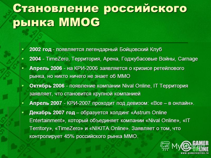 Становление российского рынка MMOG 2002 год - появляется легендарный Бойцовский Клуб 2002 год - появляется легендарный Бойцовский Клуб 2004 - TimeZero, Территория, Арена, Годжубасовые Войны, Carnage 2004 - TimeZero, Территория, Арена, Годжубасовые Во