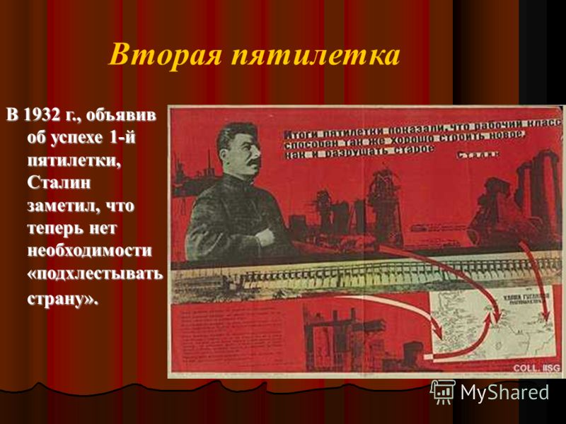 Вторая пятилетка В 1932 г., объявив об успехе 1-й пятилетки, Сталин заметил, что теперь нет необходимости «подхлестывать страну».
