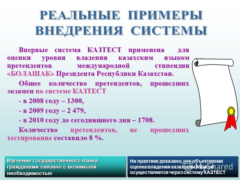 Впервые система КАЗТЕСТ применена для оценки уровня владения казахским языком претендентов международной стипендии «БОЛАШАК» Президента Республики Казахстан. Общее количество претендентов, прошедших экзамен по системе КАЗТЕСТ - в 2008 году – 1300, - 