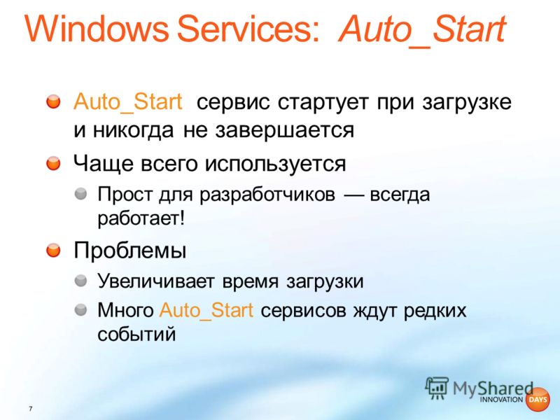 Auto_Start сервис стартует при загрузке и никогда не завершается Чаще всего используется Прост для разработчиков всегда работает! Проблемы Увеличивает время загрузки Много Auto_Start сервисов ждут редких событий