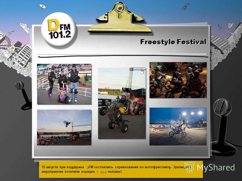 Freestyle Festival D 1 000 15 августа при поддержке D FM состоялись соревнования по мотофристайлу. Зрелищное мероприятие посетили порядка 1 000 человек!