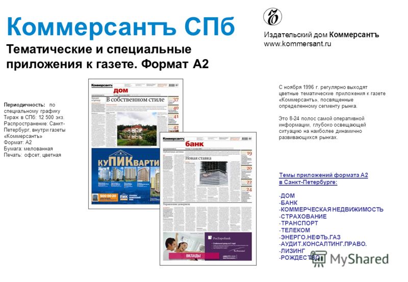 С ноября 1996 г. регулярно выходят цветные тематические приложения к газете «Коммерсантъ», посвященные определенному сегменту рынка. Это 8-24 полос самой оперативной информации, глубоко освещающей ситуацию на наиболее динамично развивающихся рынках. 