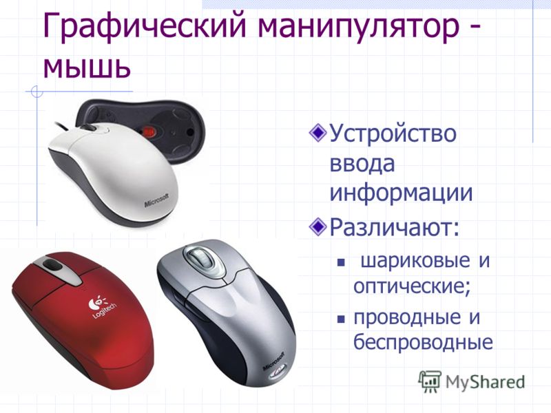 Графический манипулятор - мышь Устройство ввода информации Различают: шариковые и оптические; проводные и беспроводные