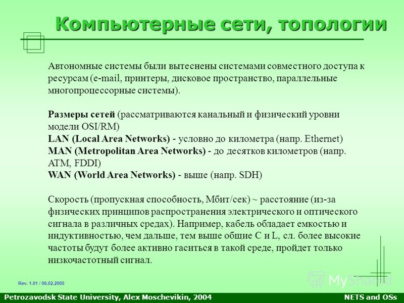 Petrozavodsk State University, Alex Moschevikin, 2004NETS and OSs Компьютерные сети, топологии Автономные системы были вытеснены системами совместного доступа к ресурсам (e-mail, принтеры, дисковое пространство, параллельные многопроцессорные системы