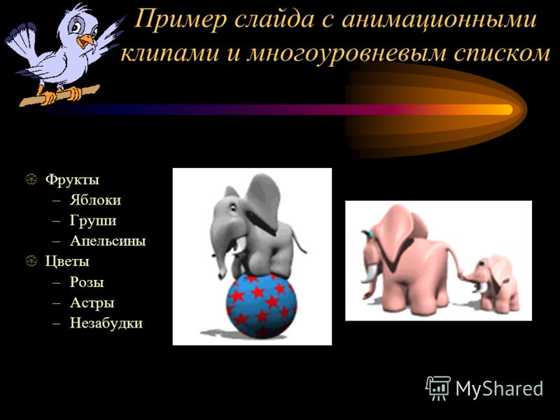 Пример слайда с анимационными клипами и многоуровневым списком Фрукты –Яблоки –Груши –Апельсины Цветы –Розы –Астры –Незабудки
