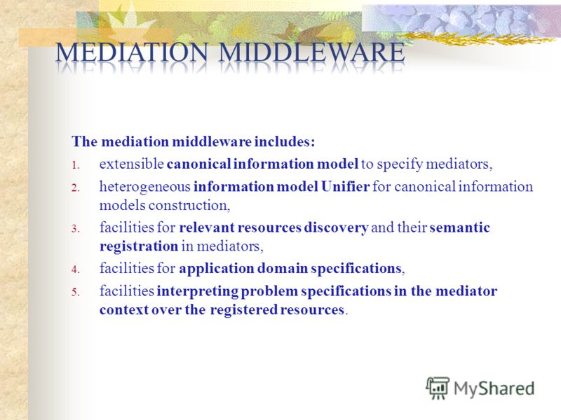 The mediation middleware includes: 1. extensible canonical information model to specify mediators, 2. heterogeneous information model Unifier for canonical information models construction, 3. facilities for relevant resources discovery and their sema