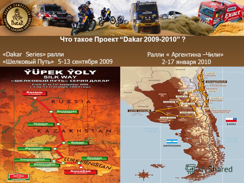 Что такое Проект Dakar 2009-2010 ? Ралли « Аргентина –Чили» 2-17 января 2010 «Dakar Series» ралли «Шелковый Путь» 5-13 сентября 2009