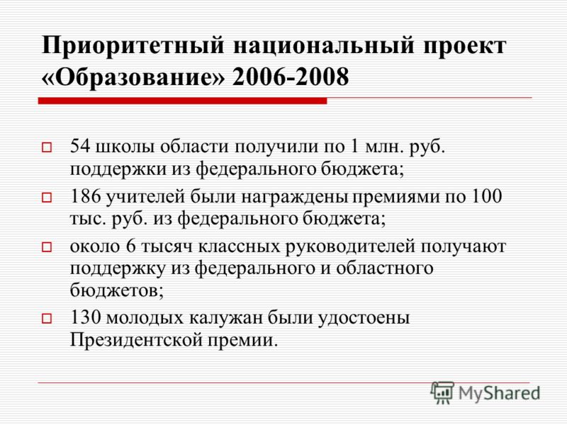 Приоритетный национальный проект «Образование» 2006-2008 54 школы области получили по 1 млн. руб. поддержки из федерального бюджета; 186 учителей были награждены премиями по 100 тыс. руб. из федерального бюджета; около 6 тысяч классных руководителей 