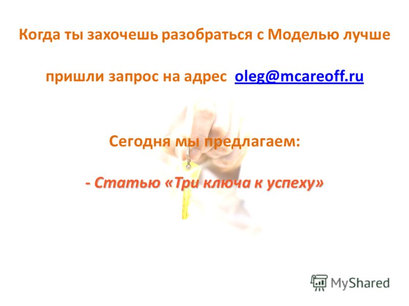 Когда ты захочешь разобраться с Моделью лучше пришли запрос на адрес oleg@mcareoff.ruoleg@mcareoff.ru Сегодня мы предлагаем: - Статью «Три ключа к успеху»