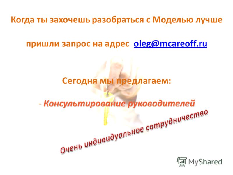 Когда ты захочешь разобраться с Моделью лучше пришли запрос на адрес oleg@mcareoff.ruoleg@mcareoff.ru Сегодня мы предлагаем: - Консультирование руководителей