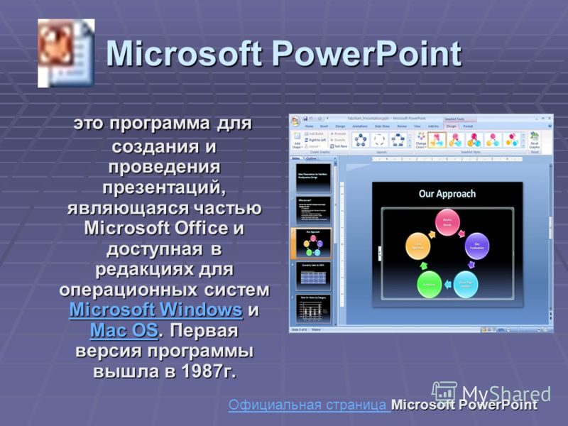 Microsoft PowerPoint это программа для создания и проведения презентаций, являющаяся частью Microsoft Office и доступная в редакциях для операционных систем Microsoft Windows и Mac OS. Первая версия программы вышла в 1987г. это программа для создания