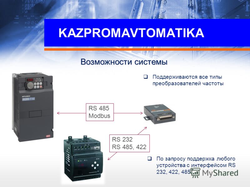 KAZPROMAVTOMATIKA Возможности системы Поддерживаются все типы преобразователей частоты RS 485 Modbus RS 232 RS 485, 422 По запросу поддержка любого устройства с интерфейсом RS 232, 422, 485.