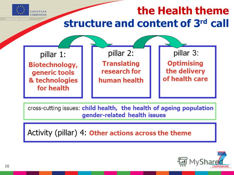 16 Based on proposed draft work programme prior to final consultations the Health theme structure and content of 3 rd call pillar 1: Biotechnology, generic tools & technologies for health pillar 2: Translating research for human health pillar 3: Opti