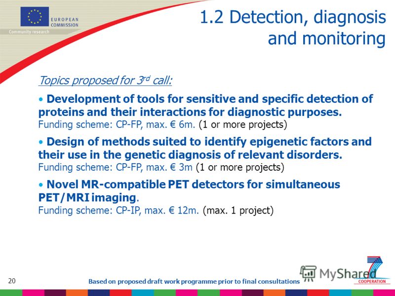 20 Based on proposed draft work programme prior to final consultations 1.2 Detection, diagnosis and monitoring Topics proposed for 3 rd call: Development of tools for sensitive and specific detection of proteins and their interactions for diagnostic 
