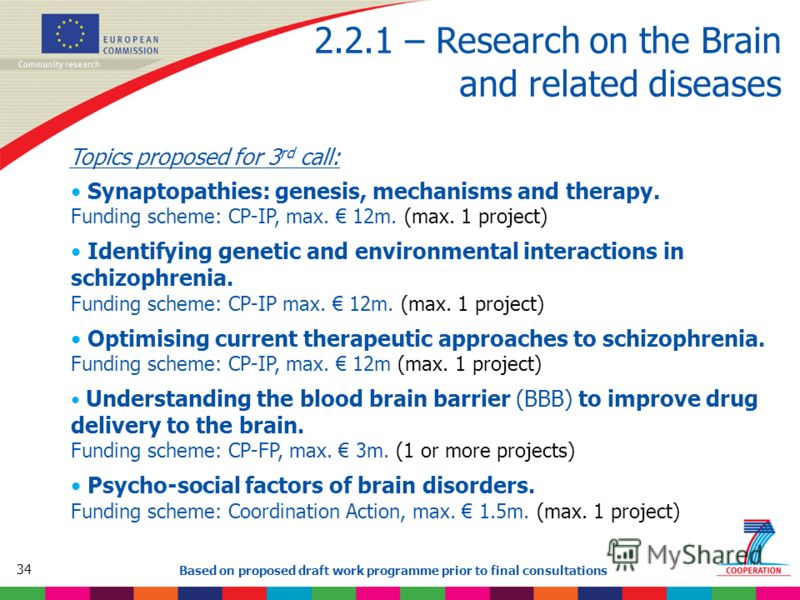 34 Based on proposed draft work programme prior to final consultations 2.2.1 – Research on the Brain and related diseases Topics proposed for 3 rd call: Synaptopathies: genesis, mechanisms and therapy. Funding scheme: CP-IP, max. 12m. (max. 1 project