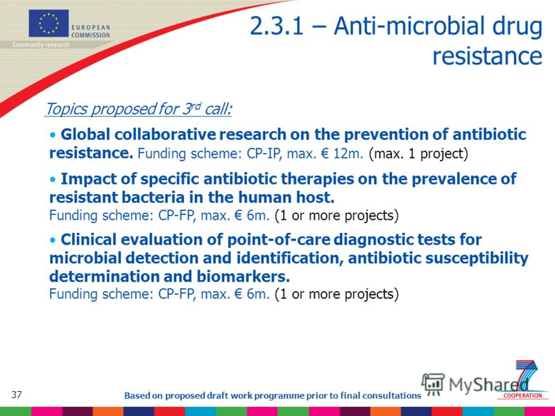 37 Based on proposed draft work programme prior to final consultations 2.3.1 – Anti-microbial drug resistance Topics proposed for 3 rd call: Global collaborative research on the prevention of antibiotic resistance. Funding scheme: CP-IP, max. 12m. (m