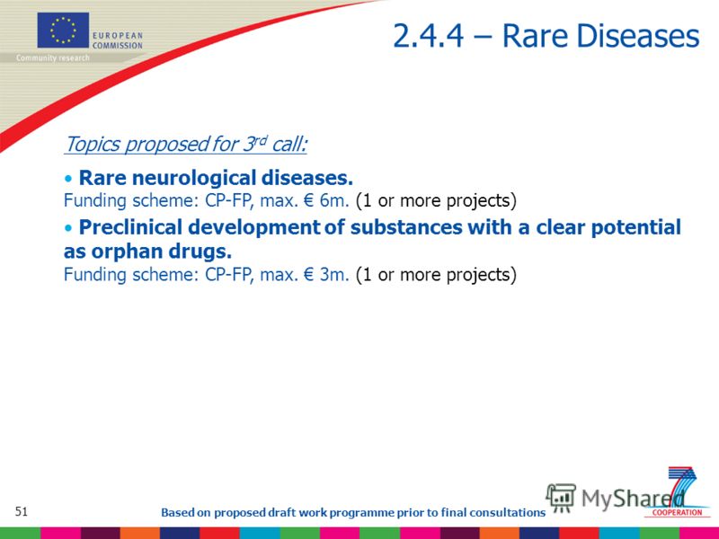 51 Based on proposed draft work programme prior to final consultations 2.4.4 – Rare Diseases Topics proposed for 3 rd call: Rare neurological diseases. Funding scheme: CP-FP, max. 6m. (1 or more projects) Preclinical development of substances with a 