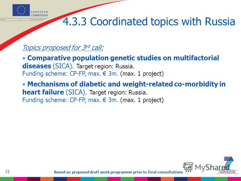 72 Based on proposed draft work programme prior to final consultations 4.3.3 Coordinated topics with Russia Topics proposed for 3 rd call: Comparative population genetic studies on multifactorial diseases (SICA). Target region: Russia. Funding scheme
