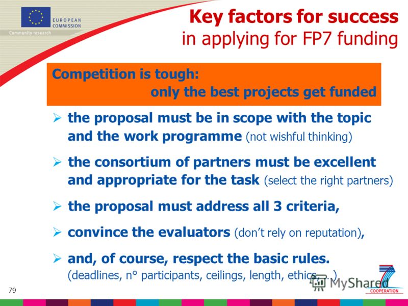 79 Based on proposed draft work programme prior to final consultations Key factors for success in applying for FP7 funding Competition is tough: only the best projects get funded the proposal must be in scope with the topic and the work programme (no