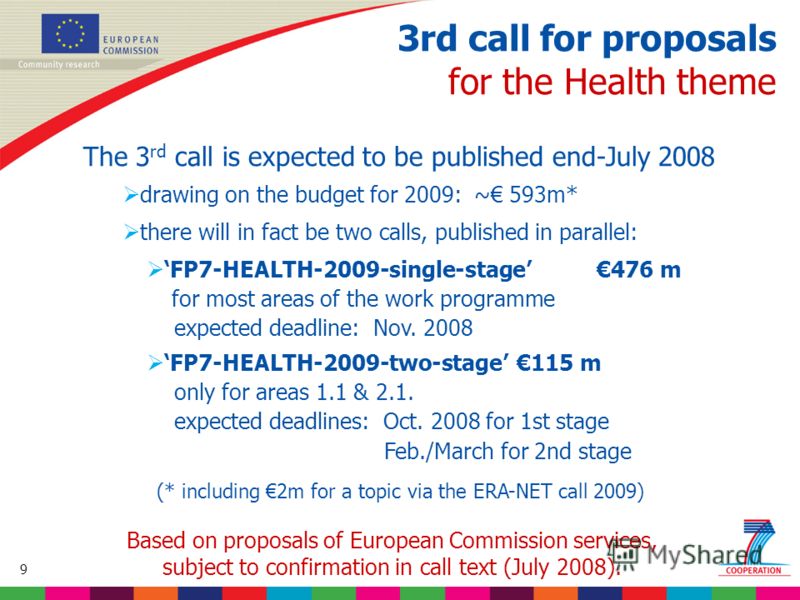 9 Based on proposed draft work programme prior to final consultations 3rd call for proposals for the Health theme The 3 rd call is expected to be published end-July 2008 drawing on the budget for 2009: ~ 593m* there will in fact be two calls, publish