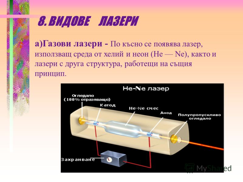 Рубиновият лазер се състои от: Източник на енергия - електронна лампа, подобна на тези, които се употребяват в камерите; Активна среда - рубинов цилиндър (кристал); Резонатор - две огледала, едното от които е полупрозрачно. РУБИНОВ ЛАЗЕР - устройство