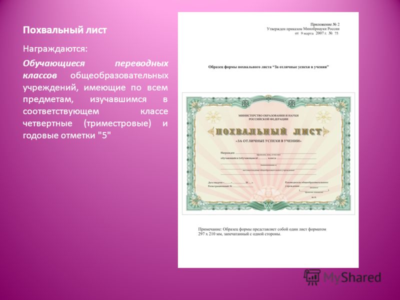 похвальный лист за отличные успехи в учении бланк