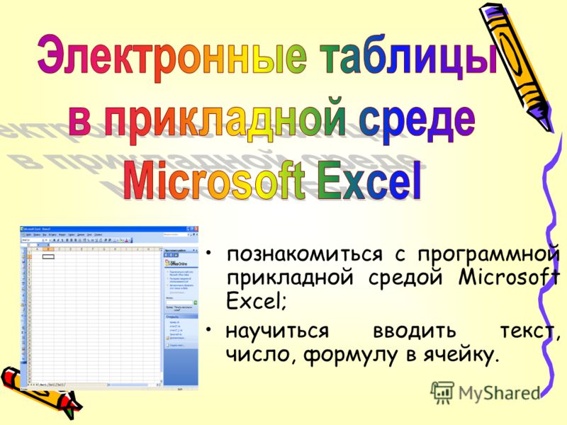 познакомиться с программной прикладной средой Microsoft Excel; научиться вводить текст, число, формулу в ячейку.