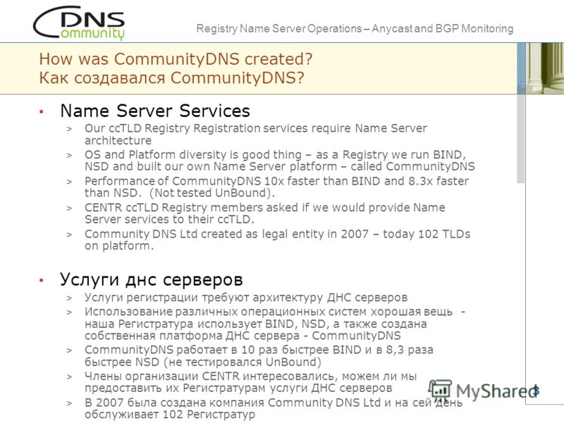 Registry Name Server Operations – Anycast and BGP Monitoring 3 How was CommunityDNS created? Как создавался CommunityDNS? Name Server Services > Our ccTLD Registry Registration services require Name Server architecture > OS and Platform diversity is 