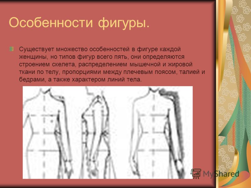 Особенности фигуры. Существует множество особенностей в фигуре каждой женщины, но типов фигур всего пять, они определяются строением скелета, распределением мышечной и жировой ткани по телу, пропорциями между плечевым поясом, талией и бедрами, а такж