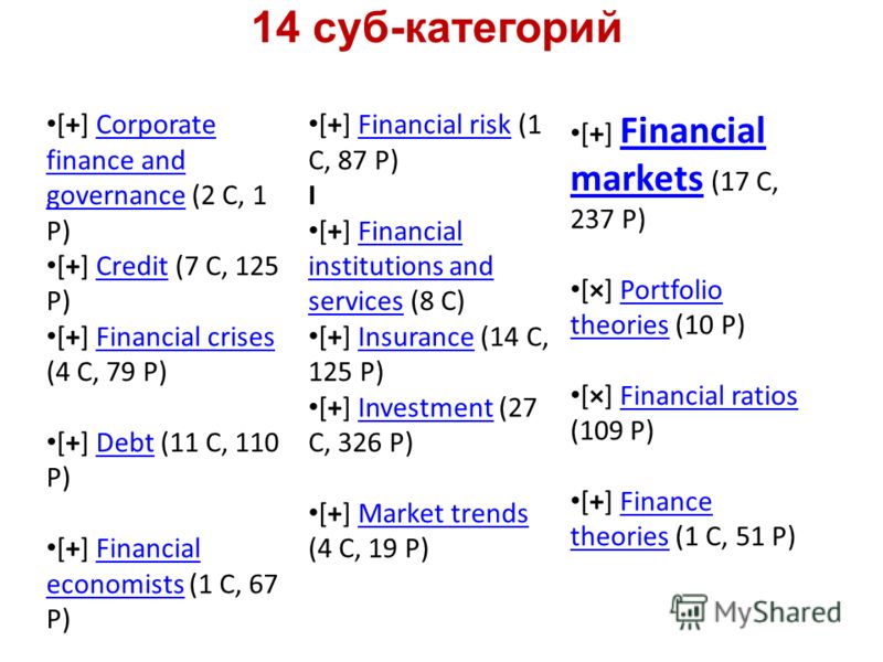 [+] Corporate finance and governance (2 C, 1 P)Corporate finance and governance [+] Credit (7 C, 125 P)Credit [+] Financial crises (4 C, 79 P)Financial crises [+] Debt (11 C, 110 P)Debt [+] Financial economists (1 C, 67 P)Financial economists [+] Fin