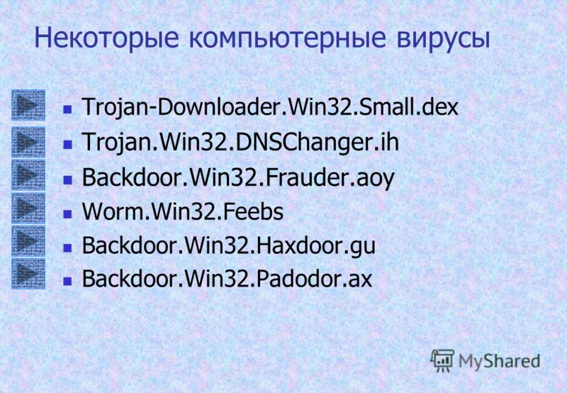 Некоторые компьютерные вирусы Trojan-Downloader.Win32.Small.dex Trojan.Win32.DNSChanger.ih Backdoor.Win32.Frauder.aoy Worm.Win32.Feebs Backdoor.Win32.Haxdoor.gu Backdoor.Win32.Padodor.ax