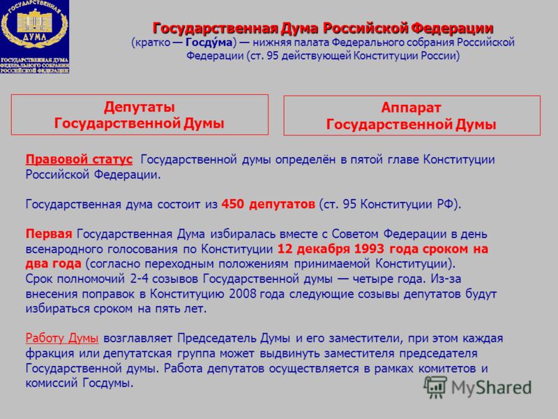 Реферат: Государственная дума РФ правовой статус и структура