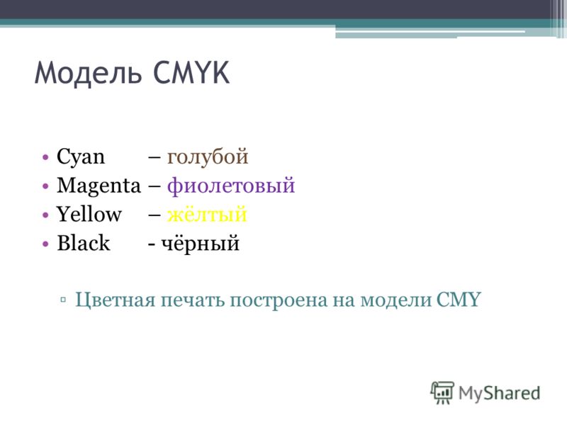 Cyan – голубой Magenta – фиолетовый Yellow – жёлтый Black - чёрный Цветная печать построена на модели CMY Модель CMYK