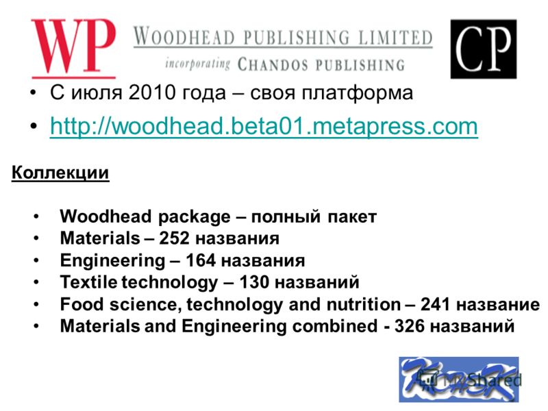 С июля 2010 года – своя платформа http://woodhead.beta01.metapress.com Коллекции Woodhead package – полный пакет Materials – 252 названия Engineering – 164 названия Textile technology – 130 названий Food science, technology and nutrition – 241 назван