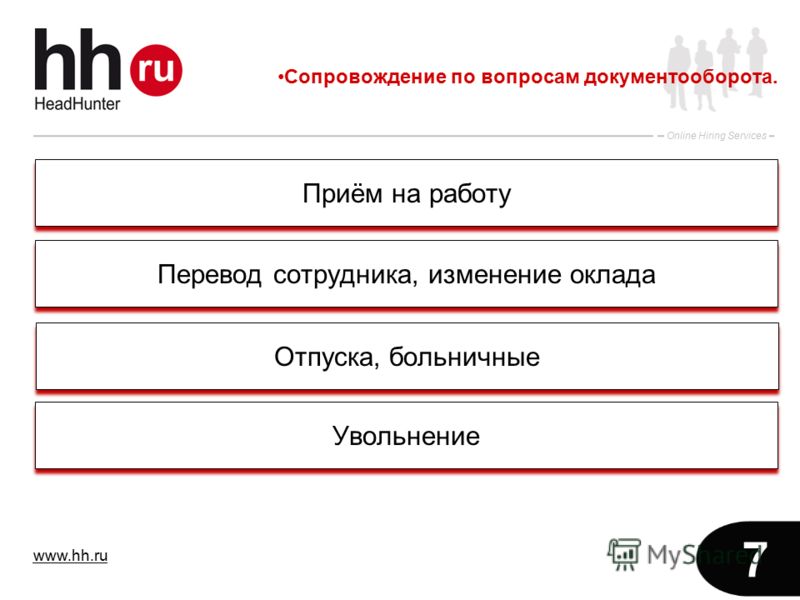 www.hh.ru Online Hiring Services 7 Сопровождение по вопросам документооборота. Приём на работу Перевод сотрудника, изменение оклада Отпуска, больничные Увольнение