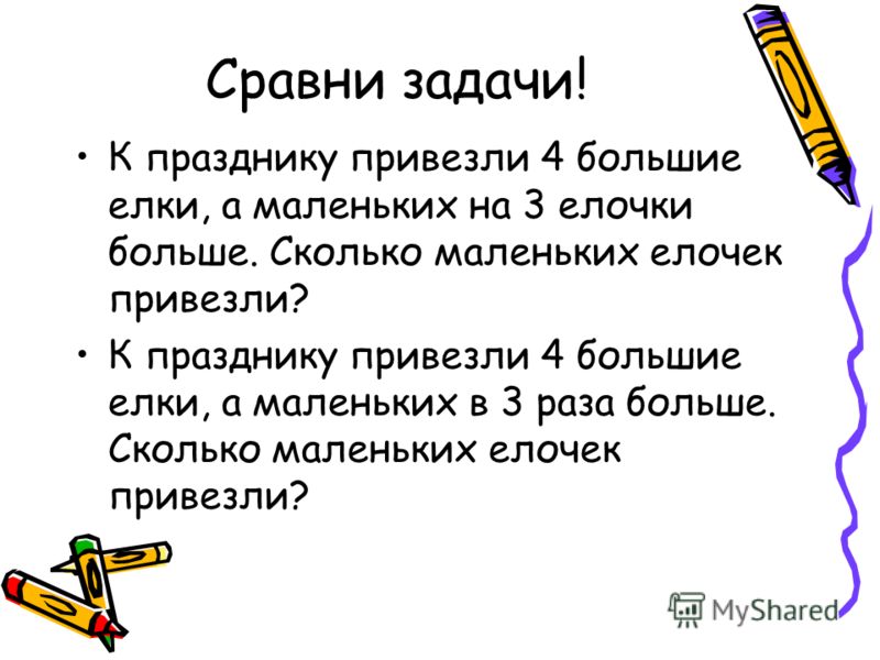 Сравни задачи! К празднику привезли 4 большие елки, а маленьких на 3 елочки больше. Сколько маленьких елочек привезли? К празднику привезли 4 большие 