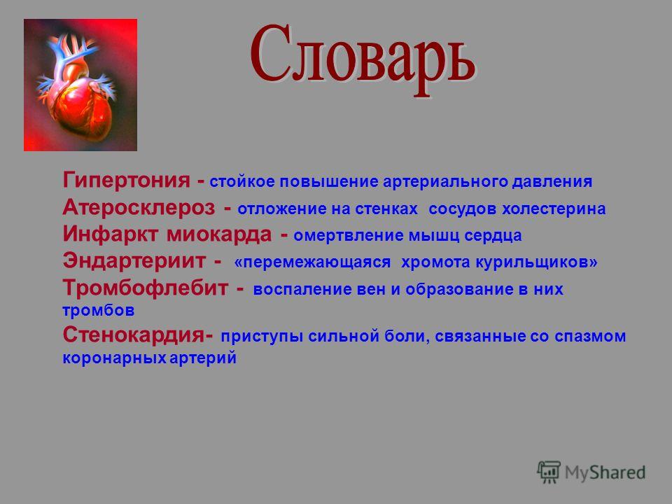 Гипертония - стойкое повышение артериального давления Атеросклероз - отложение на стенках сосудов холестерина Инфаркт миокарда - омертвление мышц серд