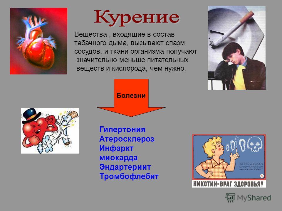 Вещества, входящие в состав табачного дыма, вызывают спазм сосудов, и ткани организма получают значительно меньше питательных веществ и кислорода, чем