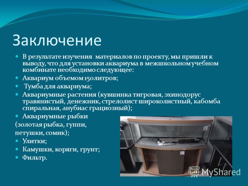 Заключение В результате изучения материалов по проекту, мы пришли к выводу, что для установки аквариума в межшкольном учебном комбинате необходимо сле