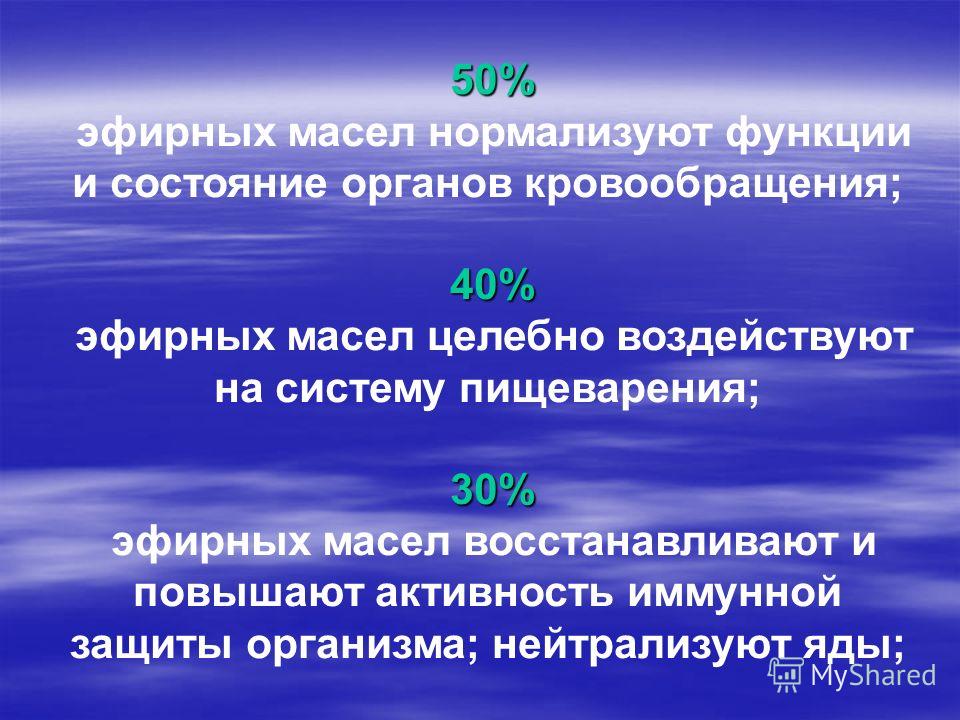 50% эфирных масел нормализуют функции и состояние органов кровообращения;40% эфирных масел целебно воздействуют на систему пищеварения;30% эфирных мас